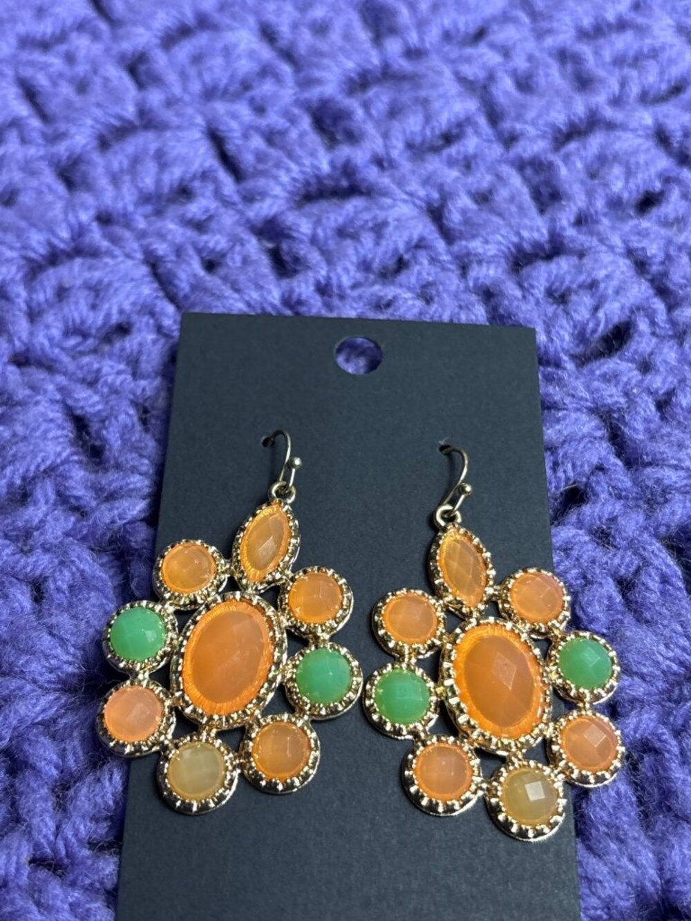 Goldtone Rhinestone Dangle Earrings Orange Green 1.75 inches